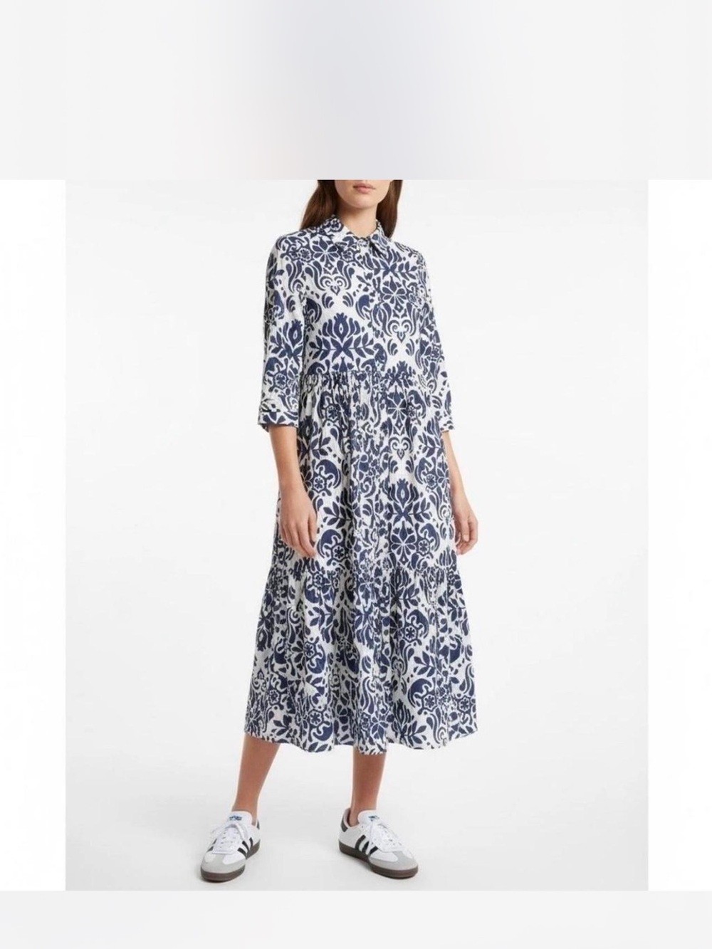Zara Navy and White Long Sleeve Floral Shirt Dress NWOT size M